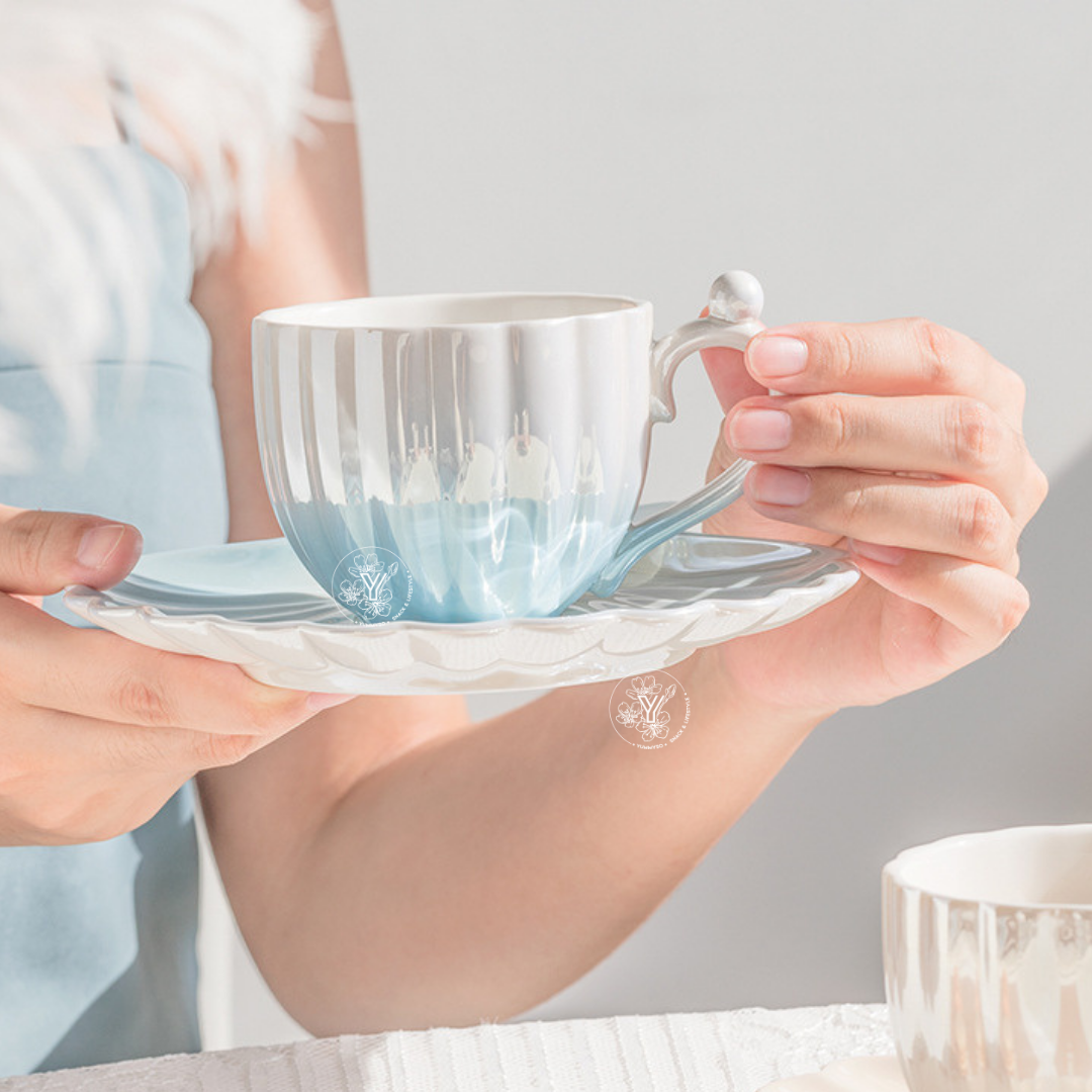 Tasse avec Soucoupe Coquillage - Bleu Nacré