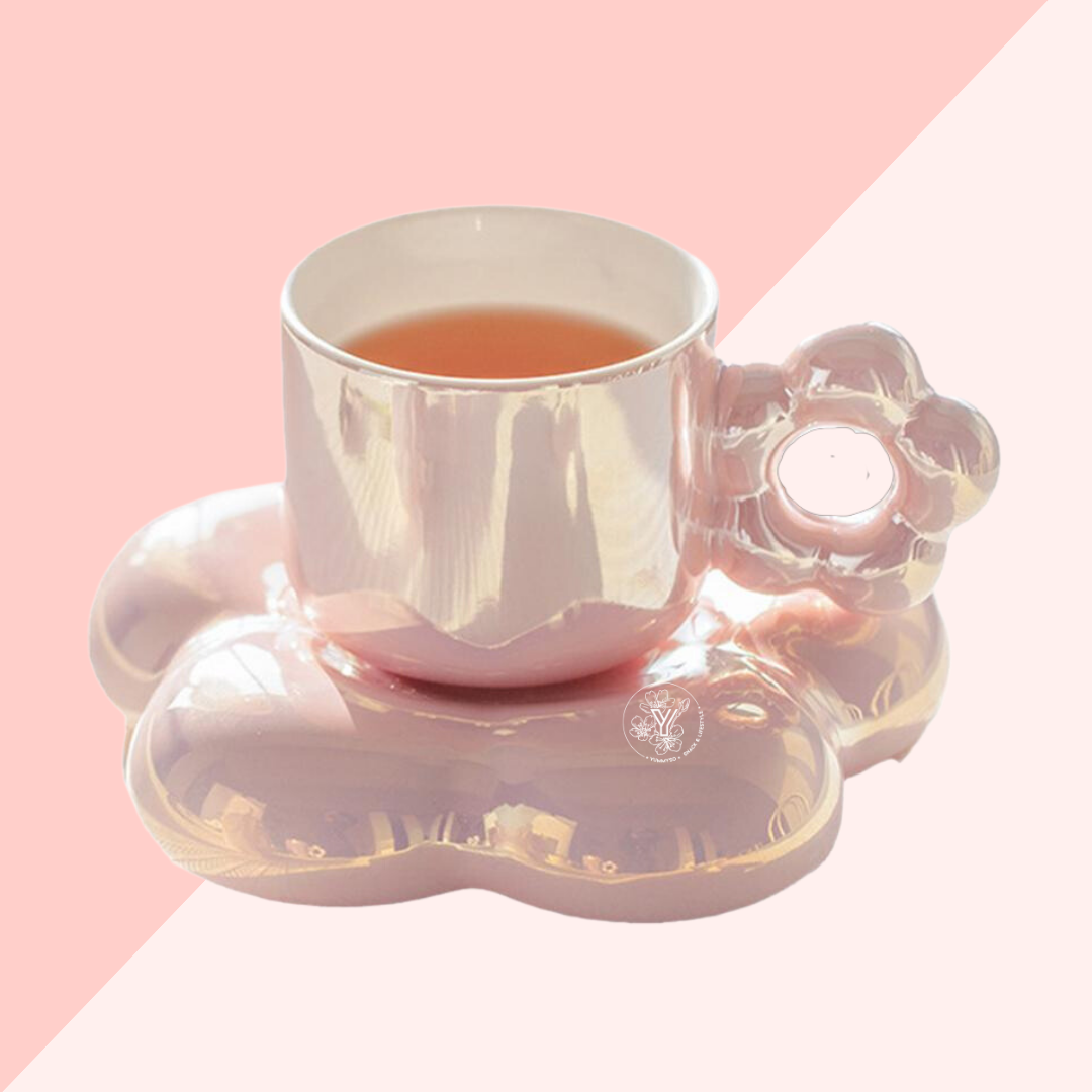 Tasse avec Soucoupe Fleur - Rose Nacré