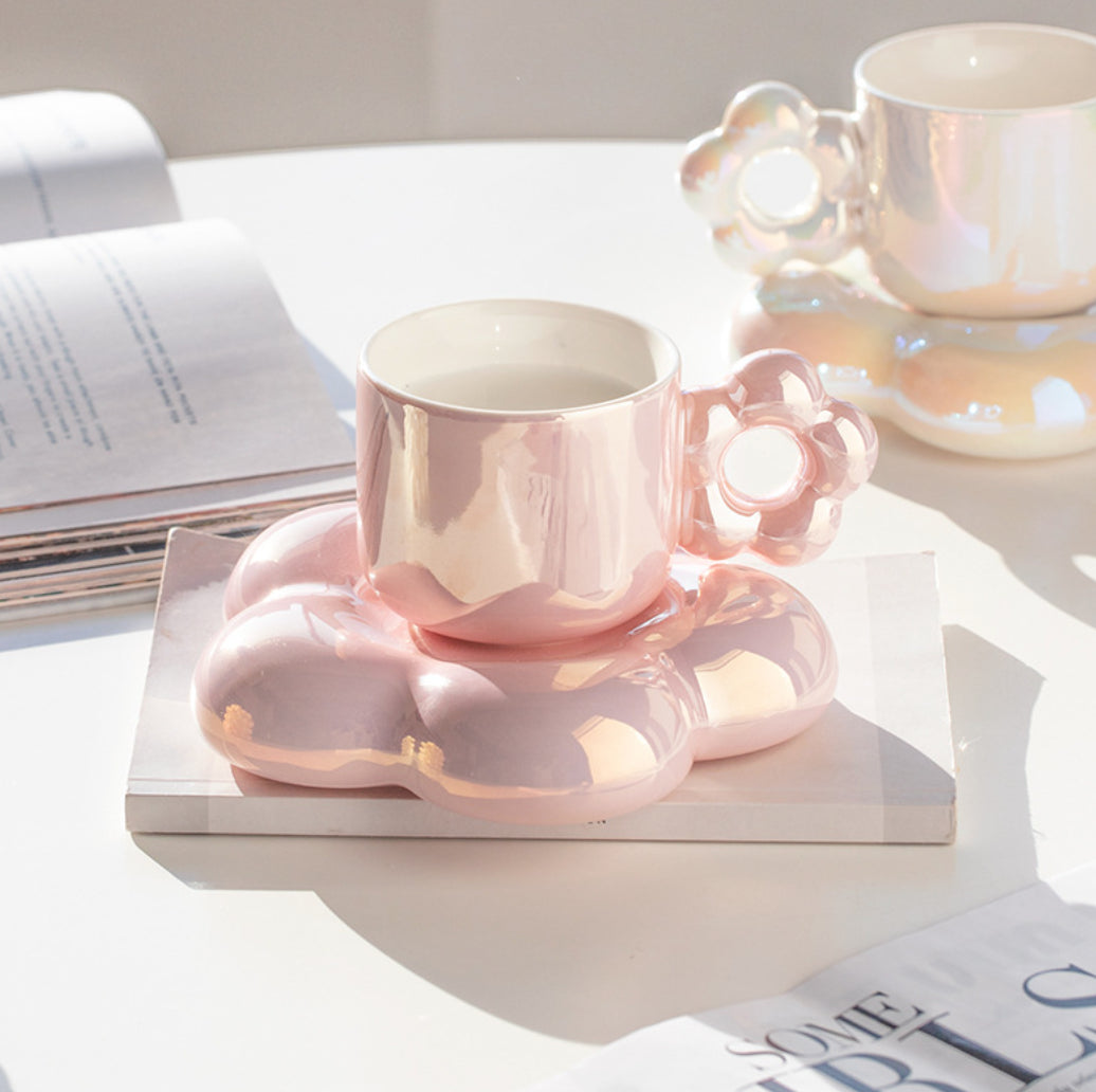 Tasse avec Soucoupe Fleur - Rose Nacré