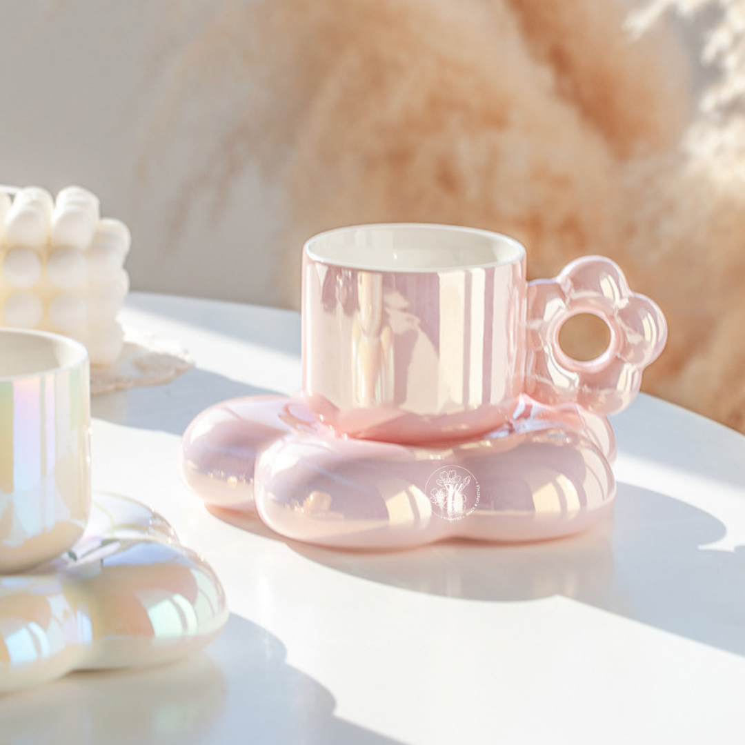 Tasse avec Soucoupe Fleur - Rose Nacré