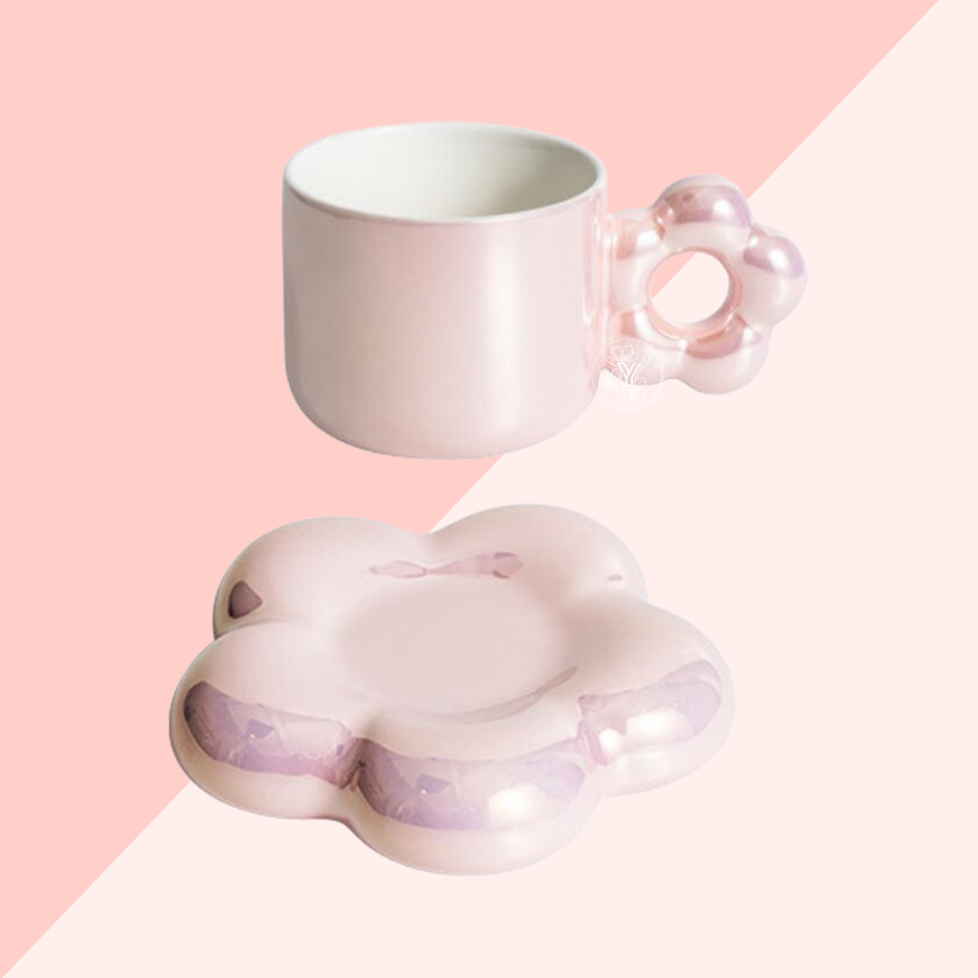 Tasse avec Soucoupe Fleur - Rose Nacré