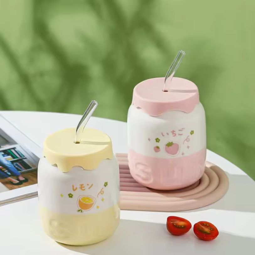 Tasse en Porcelaine avec Paille Kawaii - Jaune