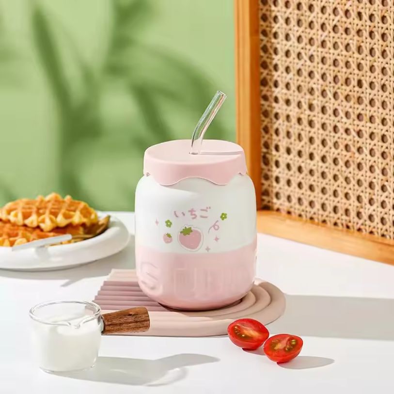 Tasse en Porcelaine avec Paille Kawaii - Jaune