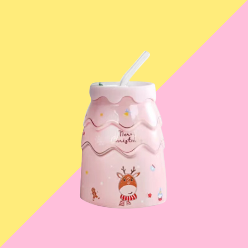 Tasse en Céramique de Noël avec Couvercle et Paille Rose