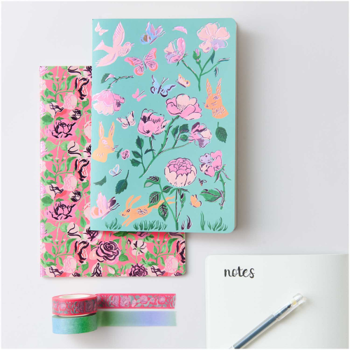 Set de 2 Cahiers Fleurs - Rose et Bleu