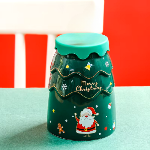 Tasse en Céramique de Noël avec Couvercle et Paille Rose