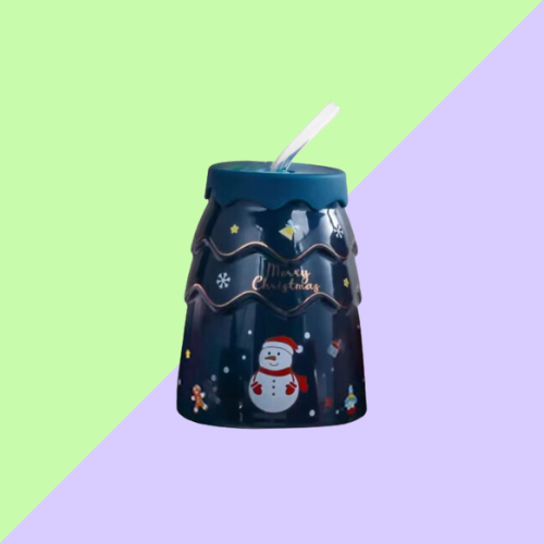 Tasse en Céramique de Noël avec Couvercle et Paille Rose