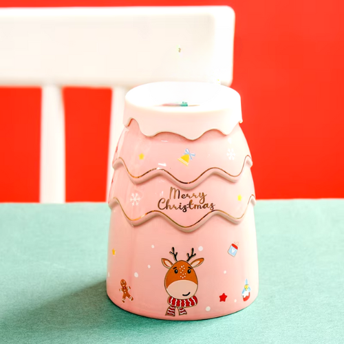 Tasse en Céramique de Noël avec Couvercle et Paille Rose