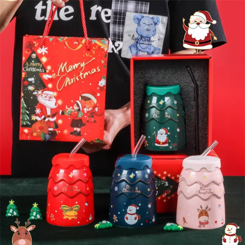 Tasse en Céramique de Noël avec Couvercle et Paille Rose